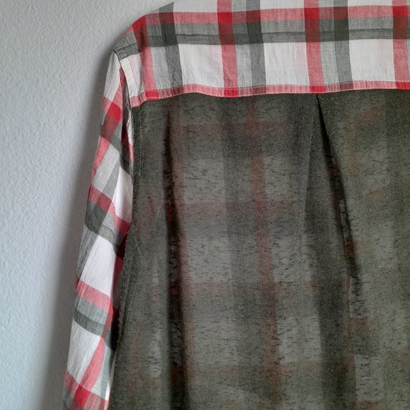 Umgee Mixed Media Plaid Button Up Convertible Sleeve Tunic Lace Trim Size S - Picture 12 of 13